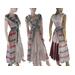 Gray, pink, cream, black and red hippy style long dress. Ties at the waist and features fringe around the neckline. A unique dress for any event. One of a kind, handmade, eco-friendly bohemian style dress.