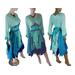 Aqua, black, blue and turquoise beach tattered dress with long sleeves with fringe. Features a tie up waist for a snug fit.